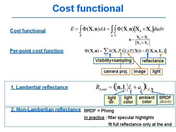 Cost functional Per-point cost function Visibility+sampling camera proj. reflectance image light 1. Lambertial reflectance