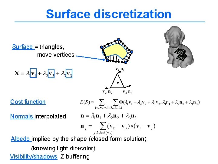 Surface discretization Surface = triangles, move vertices Cost function Normals interpolated Albedo implied by