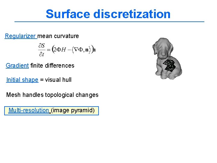 Surface discretization Regularizer mean curvature Gradient finite differences Initial shape = visual hull Mesh