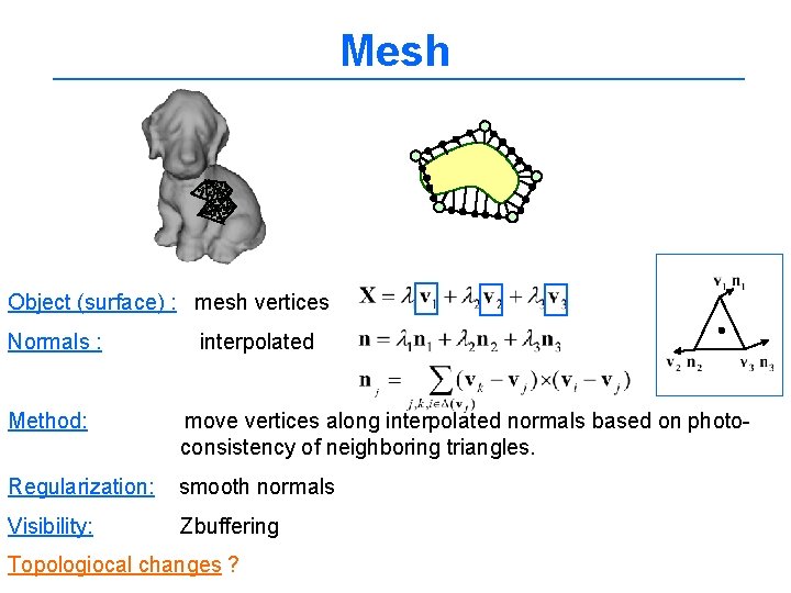 Mesh Object (surface) : mesh vertices Normals : interpolated Method: move vertices along interpolated