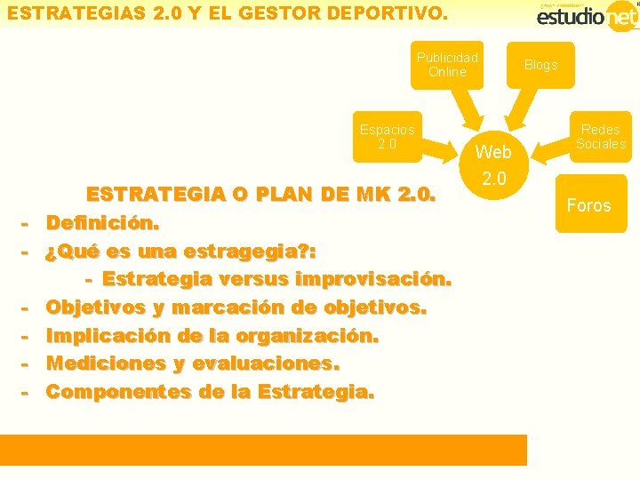 ESTRATEGIAS 2. 0 Y EL GESTOR DEPORTIVO. Publicidad Online Espacios 2. 0 - ESTRATEGIA