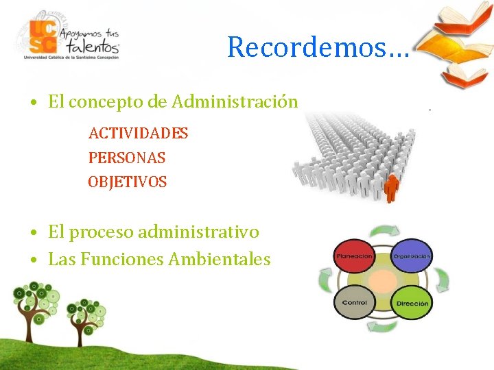 Recordemos… • El concepto de Administración ACTIVIDADES PERSONAS OBJETIVOS • El proceso administrativo •