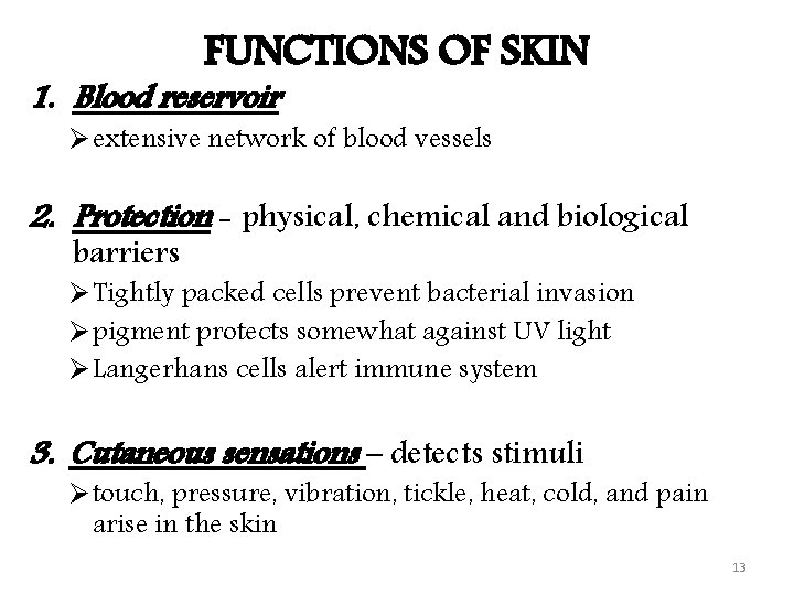 FUNCTIONS OF SKIN 1. Blood reservoir Ø extensive network of blood vessels 2. Protection