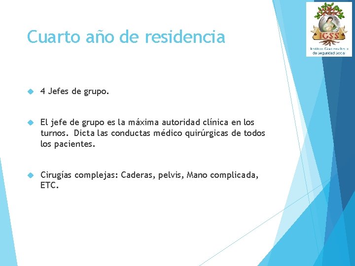 Cuarto año de residencia 4 Jefes de grupo. El jefe de grupo es la