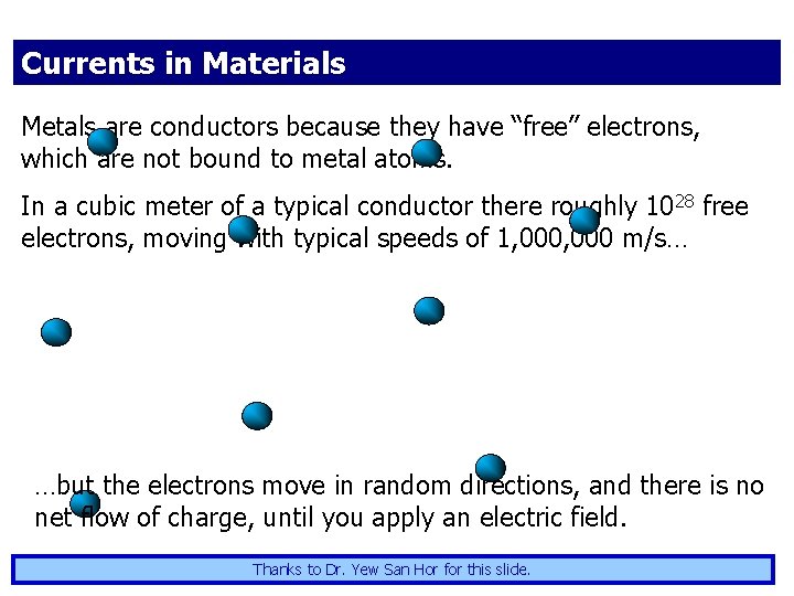 Currents in Materials Metals are conductors because they have “free” electrons, which are not