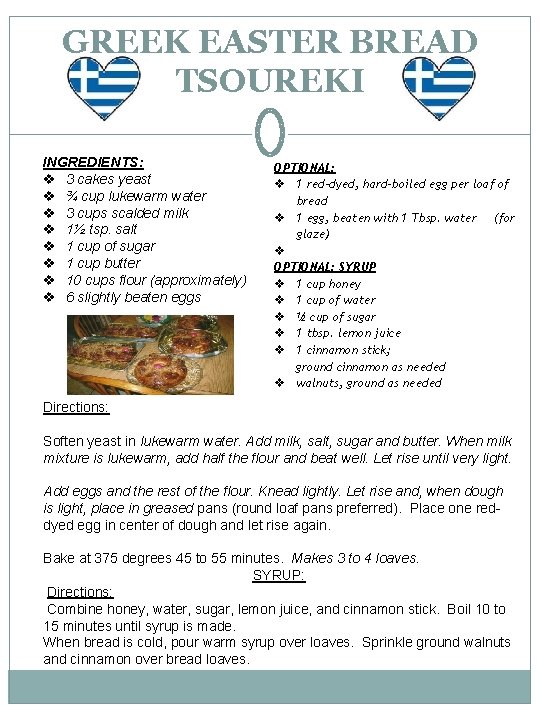 GREEK EASTER BREAD TSOUREKI INGREDIENTS: v 3 cakes yeast v ¾ cup lukewarm water