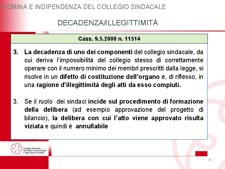 NOMINA E INDIPENDENZA DEL COLLEGIO SINDACALE DECADENZA/ILLEGITTIMITÀ Cass. 9. 5. 2008 n. 11514 3. NOMINA E INDIPENDENZA DEL COLLEGIO SINDACALE DECADENZA/ILLEGITTIMITÀ Cass. 9. 5. 2008 n. 11514 3.