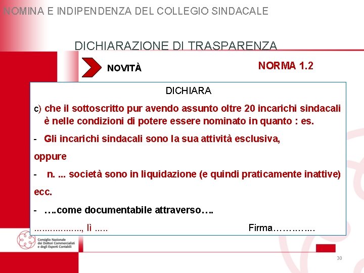 NOMINA E INDIPENDENZA DEL COLLEGIO SINDACALE DICHIARAZIONE DI TRASPARENZA NORMA 1. 2 NOVITÀ DICHIARA NOMINA E INDIPENDENZA DEL COLLEGIO SINDACALE DICHIARAZIONE DI TRASPARENZA NORMA 1. 2 NOVITÀ DICHIARA
