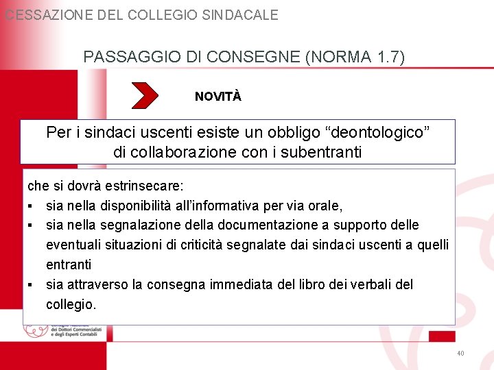 CESSAZIONE DEL COLLEGIO SINDACALE PASSAGGIO DI CONSEGNE (NORMA 1. 7) NOVITÀ Per i sindaci CESSAZIONE DEL COLLEGIO SINDACALE PASSAGGIO DI CONSEGNE (NORMA 1. 7) NOVITÀ Per i sindaci