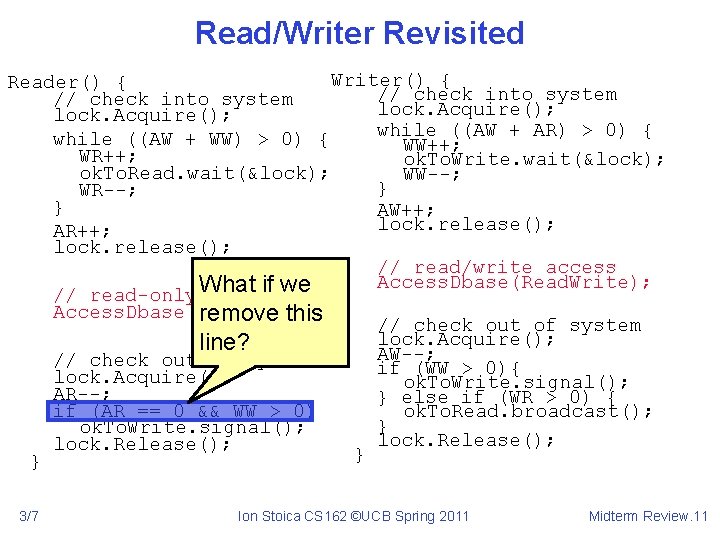 Read/Writer Revisited Writer() { Reader() { // check into system lock. Acquire(); while ((AW