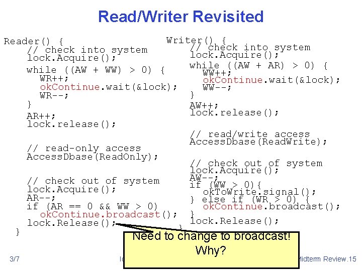 Read/Writer Revisited Writer() { Reader() { // check into system lock. Acquire(); while ((AW