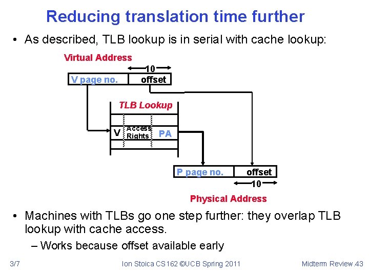 Reducing translation time further • As described, TLB lookup is in serial with cache