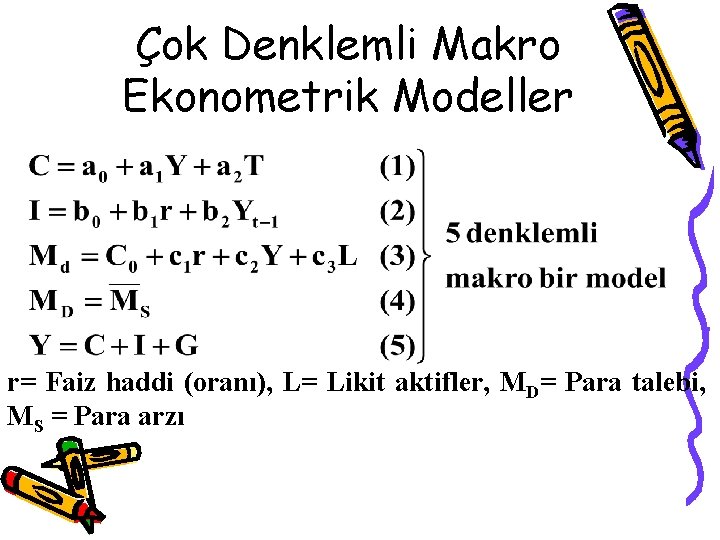 Çok Denklemli Makro Ekonometrik Modeller r= Faiz haddi (oranı), L= Likit aktifler, MD= Para