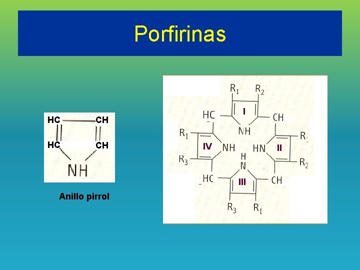 Porfirinas HC CH I IV II III Anillo pirrol 