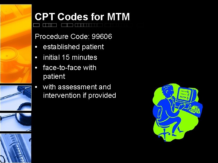 CPT Codes for MTM Procedure Code: 99606 • established patient • initial 15 minutes