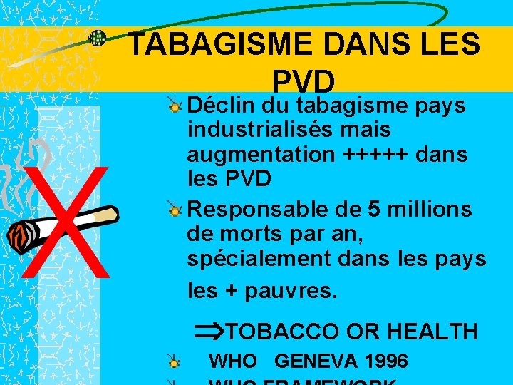 TABAGISME DANS LES PVD Déclin du tabagisme pays industrialisés mais augmentation +++++ dans les