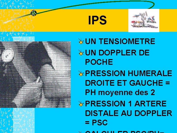 IPS UN TENSIOMETRE UN DOPPLER DE POCHE PRESSION HUMERALE DROITE ET GAUCHE = PH