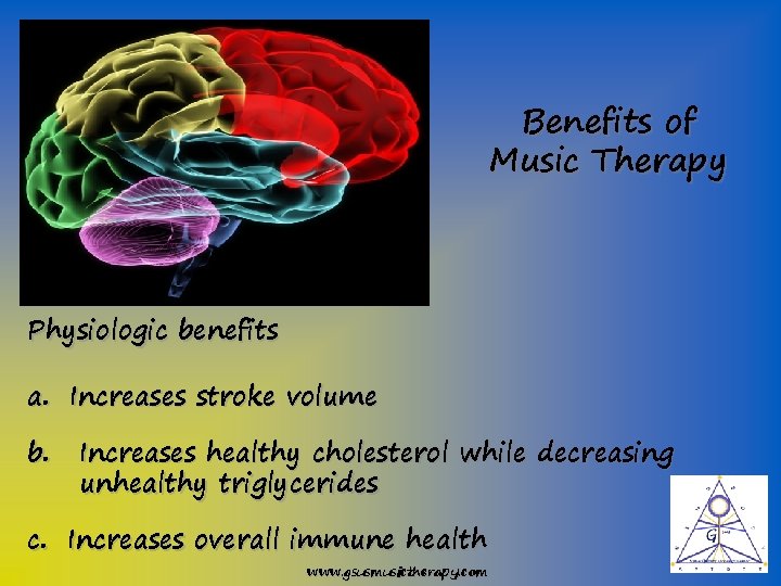 Benefits of Music Therapy Physiologic benefits a. Increases stroke volume b. Increases healthy cholesterol