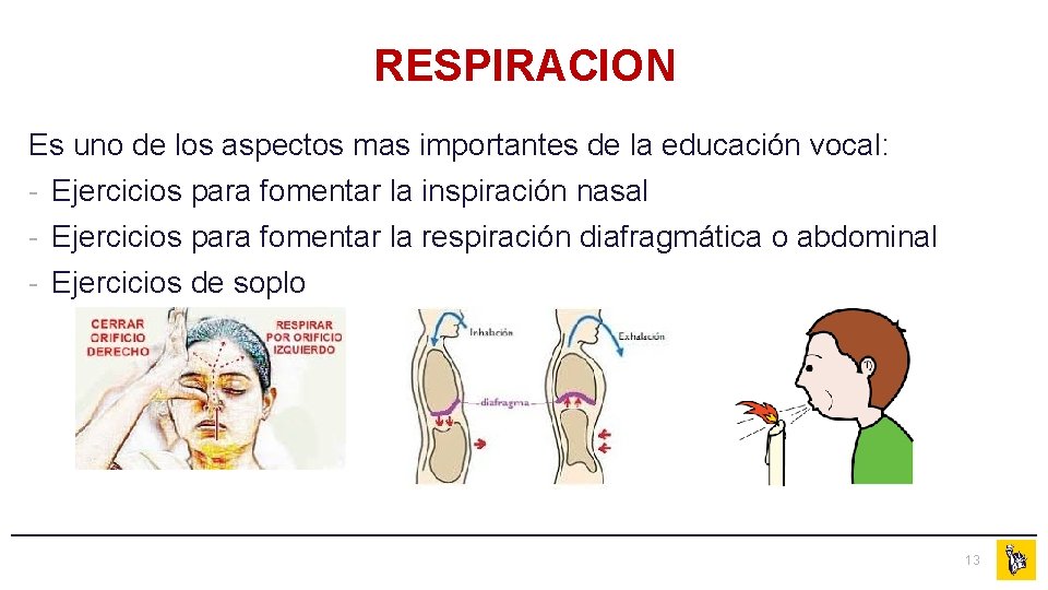 RESPIRACION Es uno de los aspectos mas importantes de la educación vocal: - Ejercicios