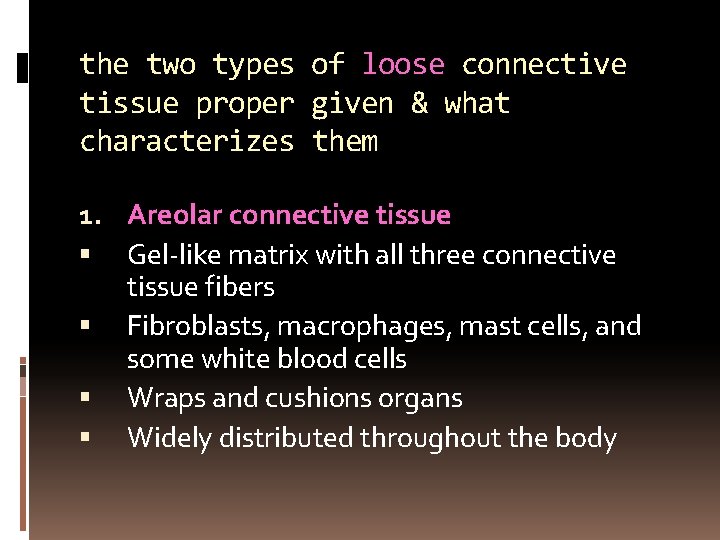 the two types of loose connective tissue proper given & what characterizes them 1.