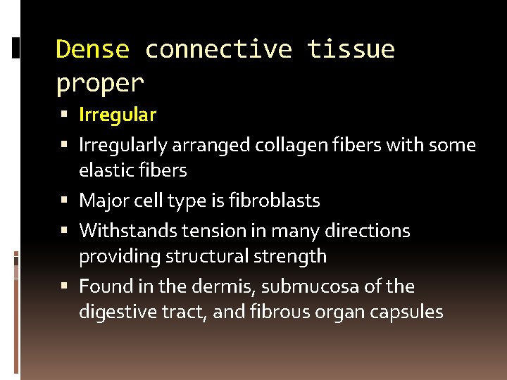 Dense connective tissue proper Irregularly arranged collagen fibers with some elastic fibers Major cell