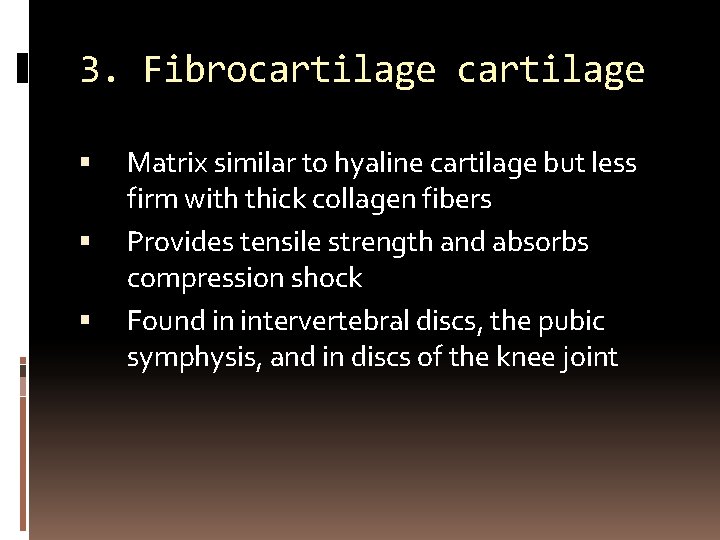 3. Fibrocartilage Matrix similar to hyaline cartilage but less firm with thick collagen fibers