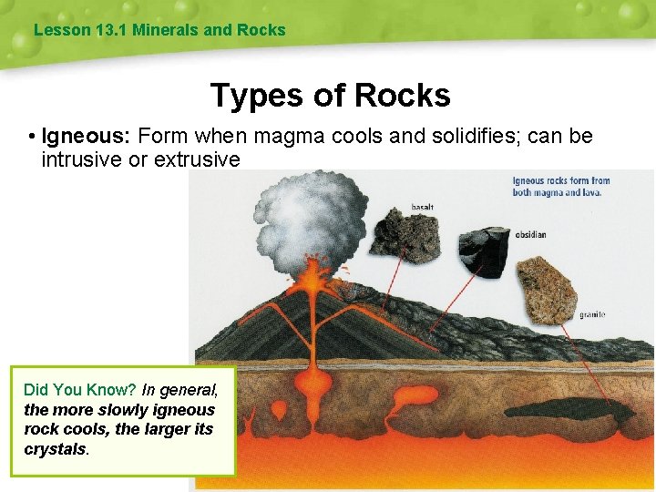 Lesson 13. 1 Minerals and Rocks Types of Rocks • Igneous: Form when magma