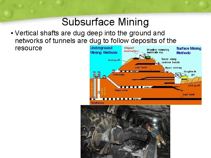 Subsurface Mining • Vertical shafts are dug deep into the ground and networks of