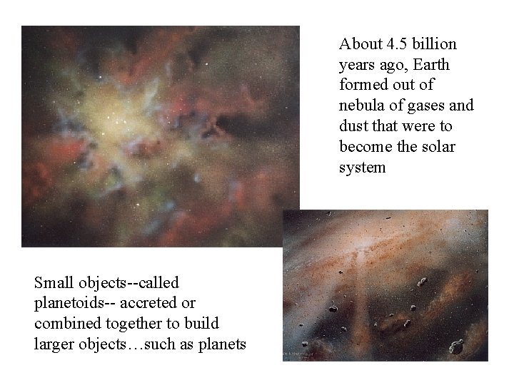 About 4. 5 billion years ago, Earth formed out of nebula of gases and