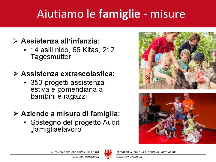 Aiutiamo le famiglie - misure Ø Assistenza all‘infanzia: • 14 asili nido, 66 Kitas,