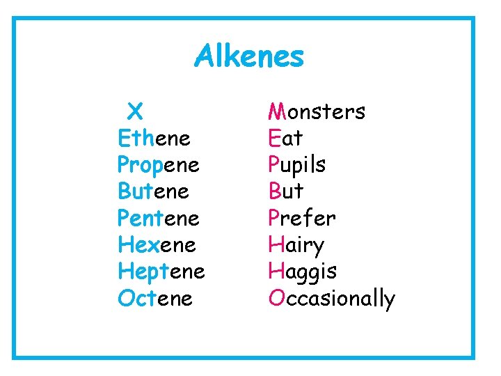 Alkenes X Ethene Propene Butene Pentene Hexene Heptene Octene Monsters Eat Pupils But Prefer