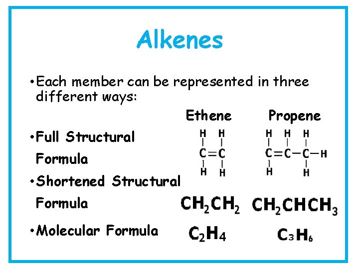 Alkenes • Each member can be represented in three different ways: Ethene Propene •