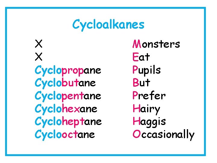 Cycloalkanes X X Cyclopropane Cyclobutane Cyclopentane Cyclohexane Cycloheptane Cyclooctane Monsters Eat Pupils But Prefer