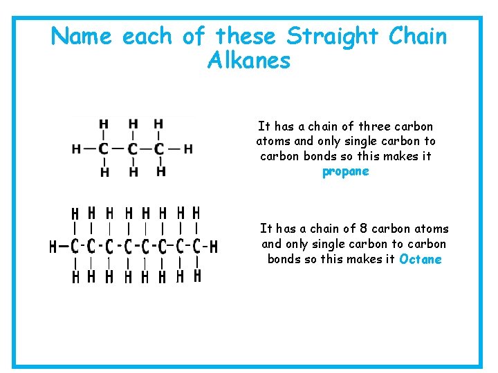 Name each of these Straight Chain Alkanes It has a chain of three carbon