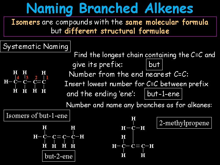 Naming Branched Alkenes Isomers are compounds with the same molecular formula but different structural