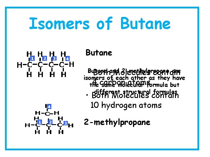 Isomers of Butane 2 -methylpropane are • Butane Bothand Molecules contain isomers of each