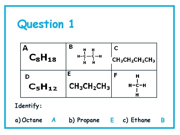 Question 1 Identify: a) Octane A b) Propane E c) Ethane B 