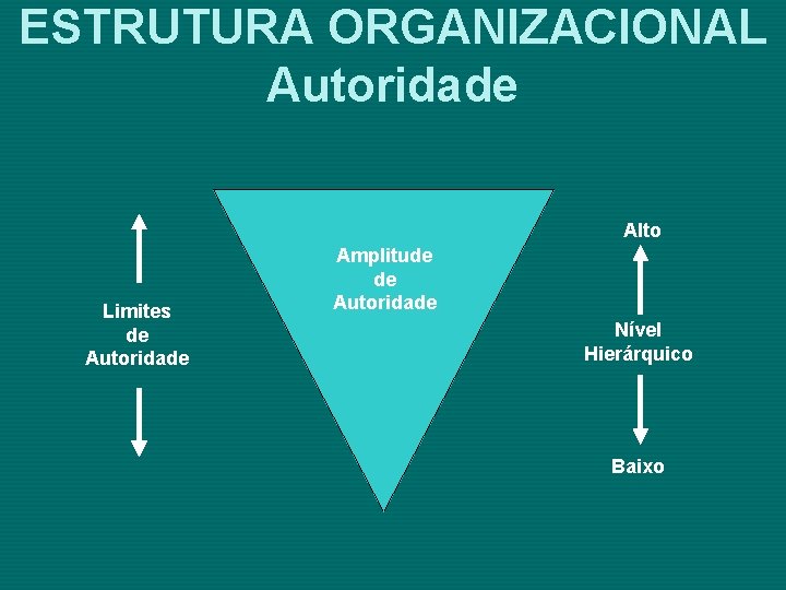 ESTRUTURA ORGANIZACIONAL Autoridade Alto Limites de Autoridade Amplitude de Autoridade Nível Hierárquico Baixo 