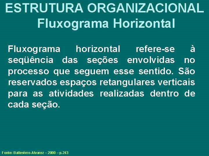 ESTRUTURA ORGANIZACIONAL Fluxograma Horizontal Fluxograma horizontal refere-se à seqüência das seções envolvidas no processo