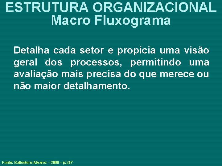 ESTRUTURA ORGANIZACIONAL Macro Fluxograma Detalha cada setor e propicia uma visão geral dos processos,