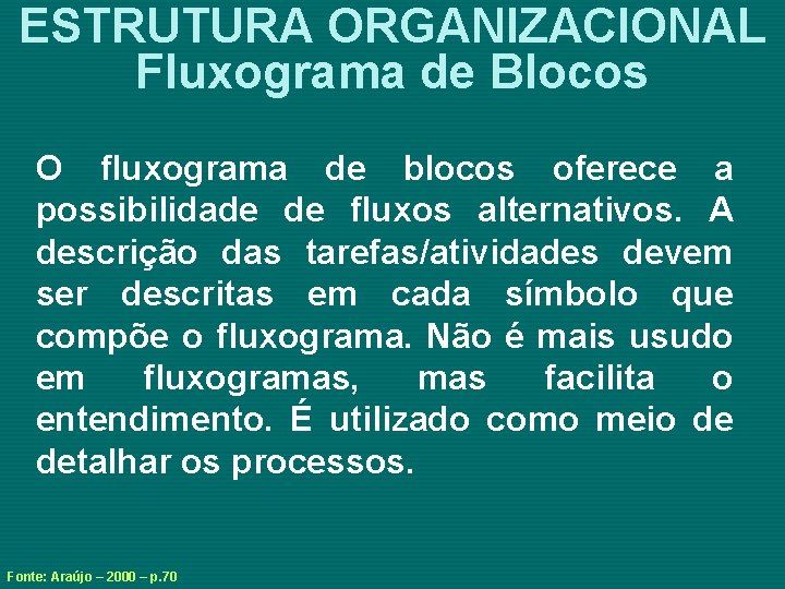 ESTRUTURA ORGANIZACIONAL Fluxograma de Blocos O fluxograma de blocos oferece a possibilidade de fluxos