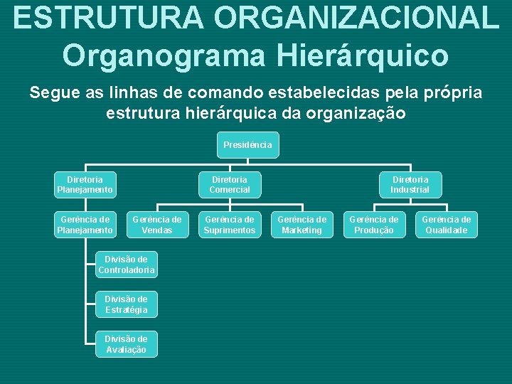 ESTRUTURA ORGANIZACIONAL Organograma Hierárquico Segue as linhas de comando estabelecidas pela própria estrutura hierárquica