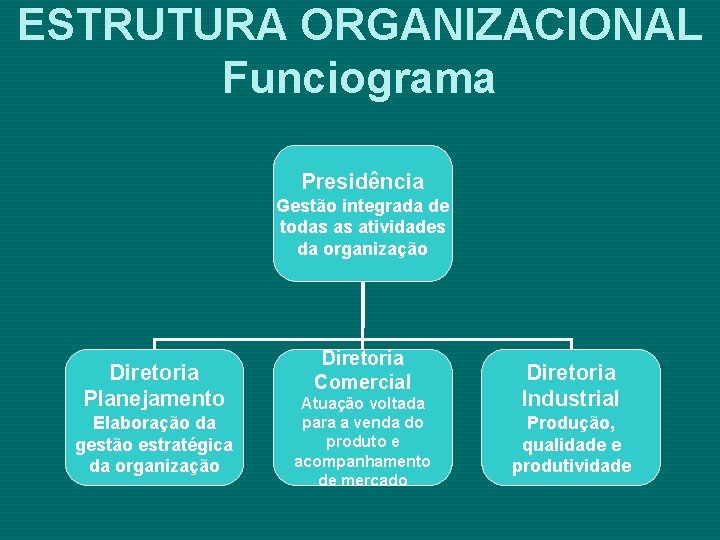ESTRUTURA ORGANIZACIONAL Funciograma Presidência Gestão integrada de todas as atividades da organização Diretoria Planejamento