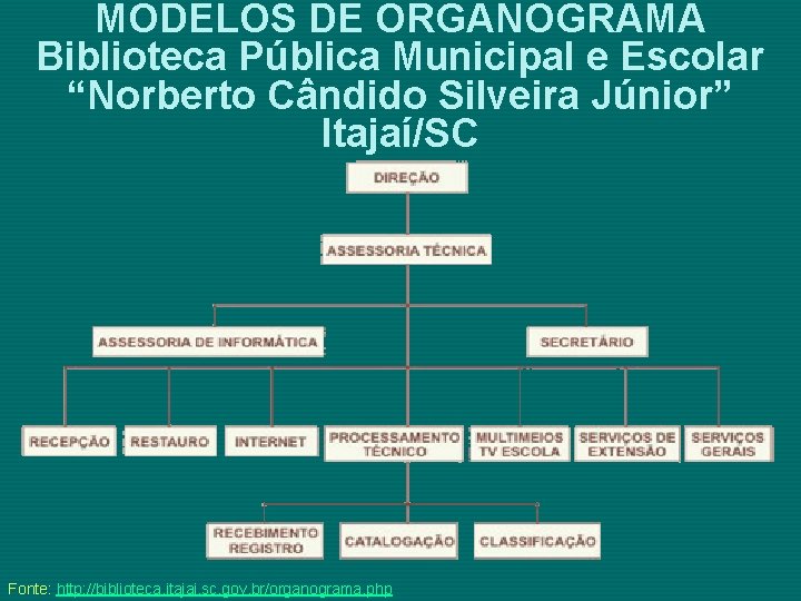 MODELOS DE ORGANOGRAMA Biblioteca Pública Municipal e Escolar “Norberto Cândido Silveira Júnior” Itajaí/SC Fonte: