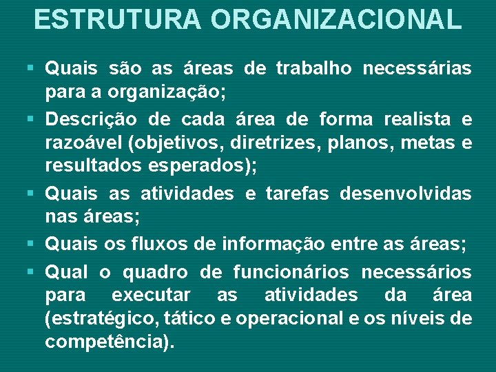 ESTRUTURA ORGANIZACIONAL § Quais são as áreas de trabalho necessárias para a organização; §