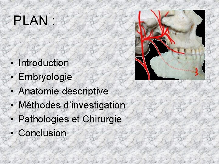 PLAN : • • • Introduction Embryologie Anatomie descriptive Méthodes d’investigation Pathologies et Chirurgie