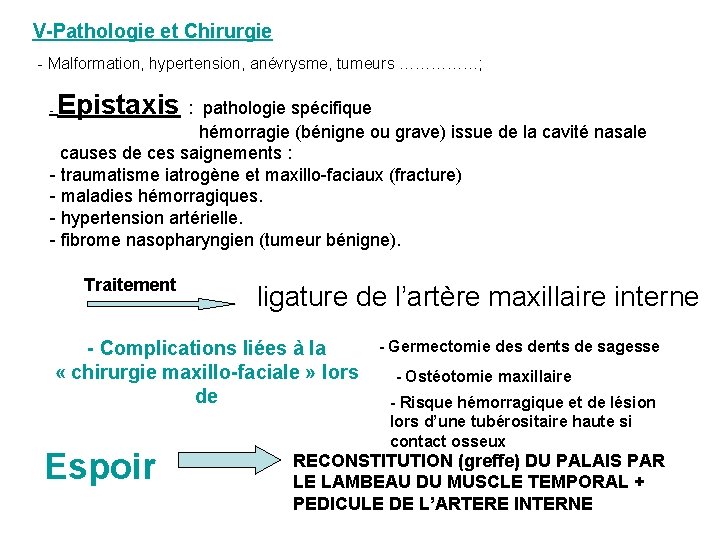 V-Pathologie et Chirurgie - Malformation, hypertension, anévrysme, tumeurs ……………; - Epistaxis : pathologie spécifique