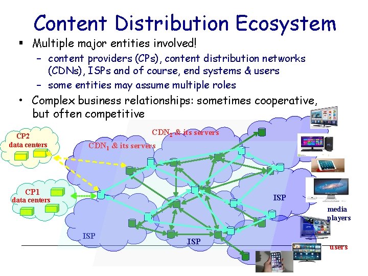 Content Distribution Ecosystem § Multiple major entities involved! – content providers (CPs), content distribution