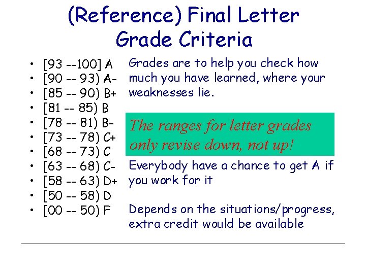 (Reference) Final Letter Grade Criteria • • • [93 --100] A [90 -- 93)