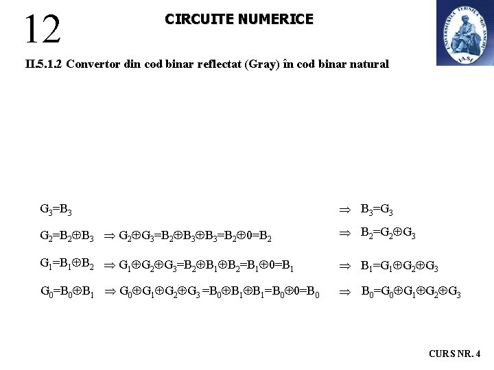 12 CIRCUITE NUMERICE II. 5. 1. 2 Convertor din cod binar reflectat (Gray) în